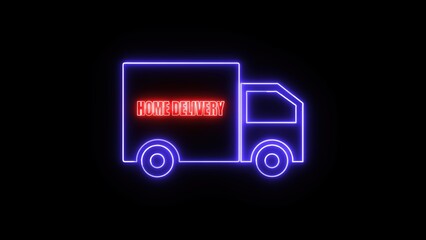 Poster - Neon sign illustrating home delivery service with a glowing truck symbol against a black background representing online shopping and logistics