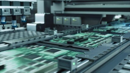 Poster - Automated Electronic Components Assembly on an Advanced Factory Conveyor, Working on Circuit Board and Chip Manufacturing. Technological Microelectronics Fabrication Industry Footage