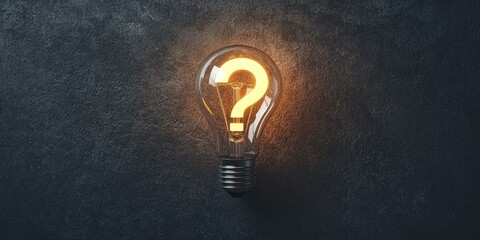 Poster - Illuminated light bulb with a glowing question mark symbolizing curiosity, inquiry, and bright ideas on a textured dark background for creative concepts