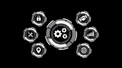 Fototapete - Futuristic technology interface with business and security icons arranged around central gear icon on a black background