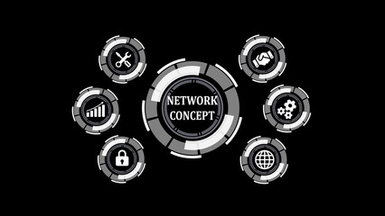 Fototapete - Network concept visualization with connected icons representing global reach, growth, security, cooperation, configuration, and technical support on a black background.