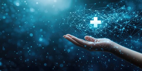 Poster - A Human Hand Reaching Out to a Digital Health Symbol Against a Abstract Blue Background Representing Connection and Technological Advancement in Healthcare