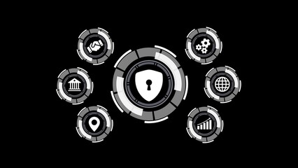 Poster - Digital security and protection concept represented by shield and futuristic interface elements on dark background