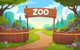 Open zoo gate with a wooden sign welcomes visitors to explore wildlife attraction