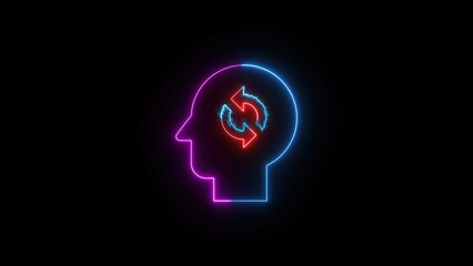 Poster - Abstract neon illustration representing mental processes and recycling ideas with an illuminated brain silhouette on a black background