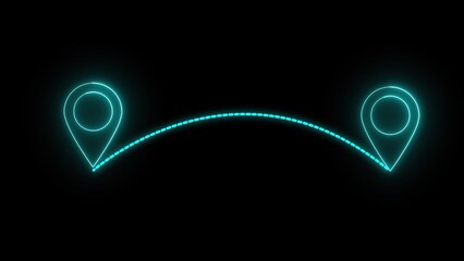 Poster - Neon illuminated route connecting two map markers indicating location and journey concept abstract design element against black background graphic