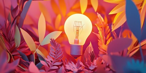 Aufkleber - A Beautifully Crafted Light Bulb Surrounded by Colorful Paper Leaves in a Vibrant and Artistic Jungle Setting for Creative and Inspirational Projects