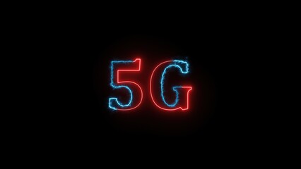 Poster - Glowing neon 5g text on black background representing next generation mobile technology and high speed communication.