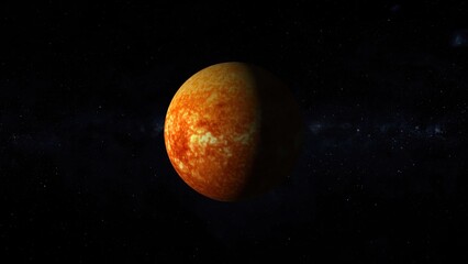 Poster - Digital rendering of an alien planet with a fiery surface and an atmosphere engulfed in the darkness of space featuring countless stars in the background