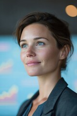 Poster - businesswoman stands beside interactive whiteboard displaying colorful graphs minimalistic and clean