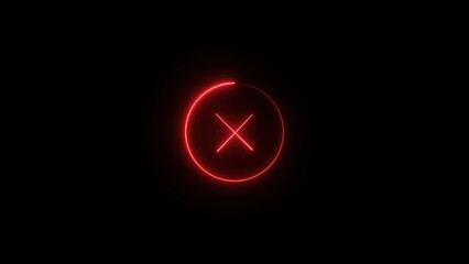 Poster - Animated glowing red neon x mark with an illuminated circle shape against a black background, indicating cancellation, error, or incorrect actions, perfect for ui/ux design.