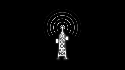 Poster - An illuminated minimalist illustration of a communication tower broadcasting signals against a deep black background reflecting technological advancement