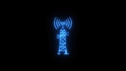 Poster - Illuminated neon illustration of a telecommunication tower transmitting wireless signals depicting modern connectivity and data transmission within a dark space