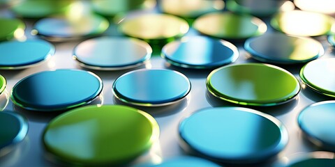 Fototapete - Abstract digital art featuring vibrant shades of blue and green, showcasing a mosaic of circles and squares with a futuristic technology theme