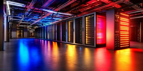 Poster - High-Tech Data Center with Illuminated Server Racks and Dynamic Light Trails Representing Data Flow and Connectivity in Modern IT Infrastructure