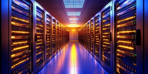 Poster - High-Tech Data Center with Illuminated Server Racks and Dynamic Light Trails Representing Data Flow and Connectivity in Modern IT Infrastructure