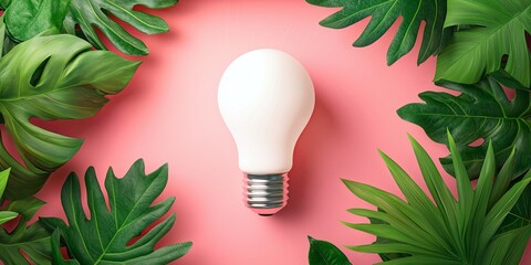 Aufkleber - Illuminated Light Bulb Surrounded by Green Leaves on a Vibrant Pink Background Representing Creativity and Innovation in Nature-Inspired Design
