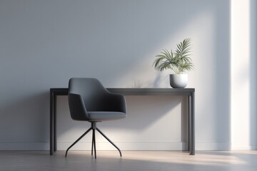 Poster - minimalistic home workspace with sleek modern desk and chair potted plant neatly placed on corner exudes serene and