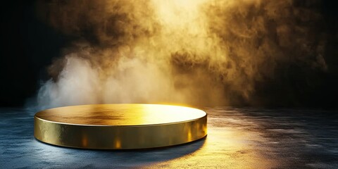 Fototapete - Golden Circular Platform on Dark Background with Dramatic Lighting and Soft Smoke, Ideal for Product Displays and Creative Concepts