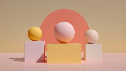 Poster - Minimalist geometric shapes arranged with pastel colors, featuring spheres and cubes against a soft, abstract background.