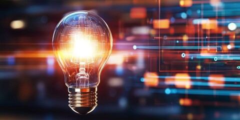Aufkleber - Glowing Light Bulb Emitting Warm Light in a Technological Background with Bright Bokeh Effects and Data Streams for Innovation and Creativity Concepts