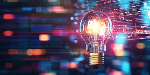 Aufkleber - Glowing Light Bulb Emitting Warm Light in a Technological Background with Bright Bokeh Effects and Data Streams for Innovation and Creativity Concepts
