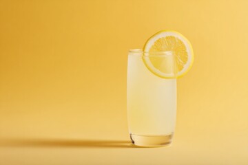 Poster - single glass of cold lemonade on smooth solid color background showcasing slice of fresh lemon on rim
