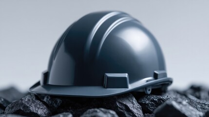 Poster - sleek miner helmet resting on shiny black coal chunks set against white background for stark contrast