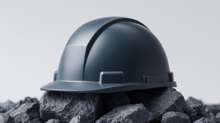 Poster - sleek miner helmet resting on shiny black coal chunks set against white background for stark contrast