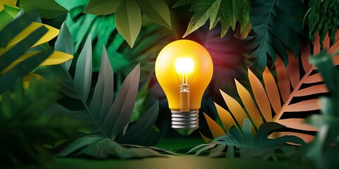 Aufkleber - A Beautifully Crafted Light Bulb Surrounded by Colorful Paper Leaves in a Vibrant and Artistic Jungle Setting for Creative and Inspirational Projects