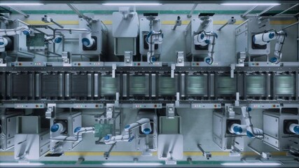 Poster - Innovative Manufacturing Factory with Industrial Robots Producing Circuit Boards in a High-Tech Automated Factory. Facility Building Microelectronics Components with Robotic Arms. Top Down Footage