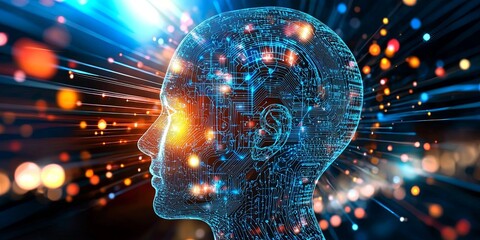 Poster - Digital Human Head Outline Created with Blue Particle Network Representing Technology and Artificial Intelligence Concepts
