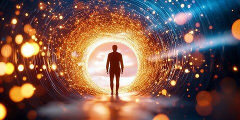 Poster - Silhouette of a Person Standing Before a Bright Circular Portal of Light Surrounded by Digital Particles Against a Dark Cosmic Background