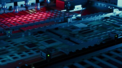 Fototapete - Automated Machinery Assembling Circuit Boards and Graphics Processing Units on a Conveyor. Microelectronics Manufacturing in a Modern Facility. High-Tech Industrial Technology Production