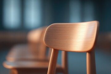 Poster - capture minimalistic image of empty university lecture hall featuring rows of wooden desks and chairs
