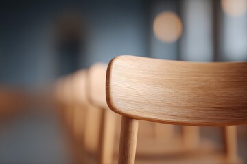 Poster - capture minimalistic image of empty university lecture hall featuring rows of wooden desks and chairs