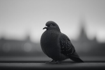 Poster - close-up of pigeon perched on empty urban bench offering minimalist perspective against city faint skyline