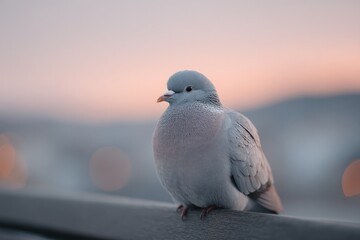 Poster - close-up of pigeon perched on empty urban bench offering minimalist perspective against city faint skyline