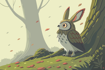 91 cute fantasy creature, owl with rabbit ears, big eyes, fluffy feathers, whimsical forest setting,