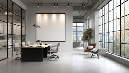 Poster - Modern office space with large windows, meeting table, stylish chairs, and natural light creating an open, inviting atmosphere.