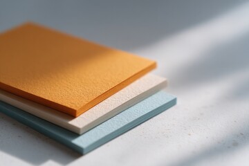Poster - minimalistic stationery set on clean white desk featuring colorful paper samples and basic design tools perfect for