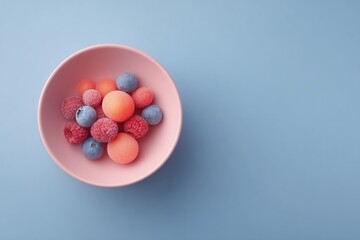 Poster - minimalistic top-down image of children nutritious food on clean solid color background with ample c