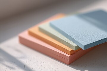Poster - minimalistic stationery set on clean white desk featuring colorful paper samples and basic design tools perfect for