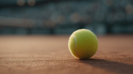 Poster - photo of single tennis ball lying on clean pristine clay court hitting mid-bounce with blurred crowd