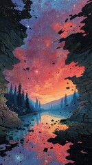Wall Mural - A captivating landscape reflecting a vibrant cosmic sky.