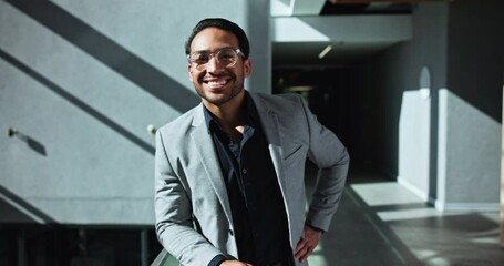 Poster - Balcony, employee and man with smile, face and pride for market expansion, sales manager and confident. Business, happy and Asian person with glasses, outdoor and ambitious for career growth in Japan