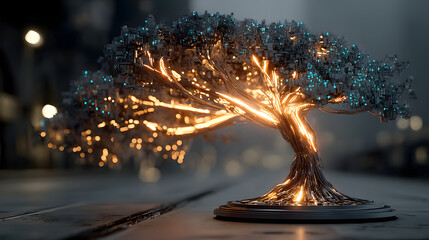 Fototapete - Glowing Bonsai Tree Digital Art of Illuminated Branches