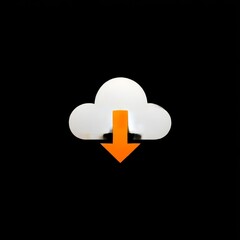 Fototapete - Downloading From Cloud: A Shiny Cloud Icon with an Orange Arrow Symbolizing Data Transfer on a Black Background.
