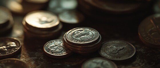 Fototapete - Coins stacked on a wooden surface representing saving money, investment growth, and financial wealth for personal finance and business success planning.