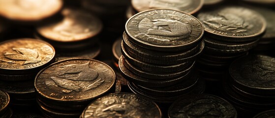 Fototapete - Coins stacked close-up showing details of vintage currency for financial investment concepts, money-saving habits, and economic history in a dark setting.